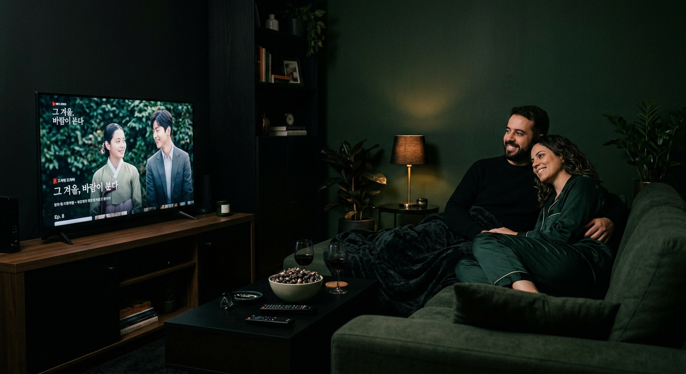 Casal assistindo a uma série na televisão